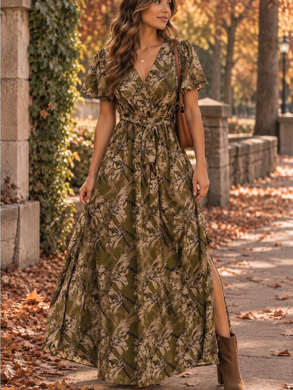 Olive Green Floral Wrap Maxi Dress
